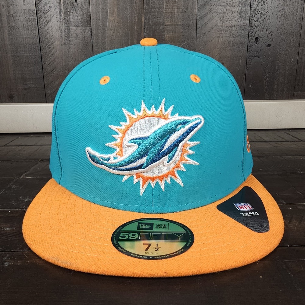 New Era 59Fifty Miami Dolphins Hat Cap Two Tone Teal Orange Size 7.5